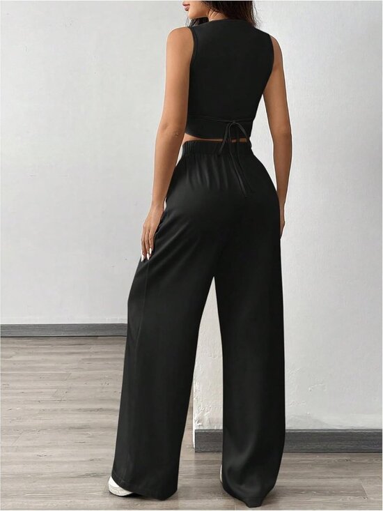 🆕Women's Black 2 Piece Sets Wide Leg Pants Outfits Sleeveless Blazer Vest Suits - Picture 2 of 6